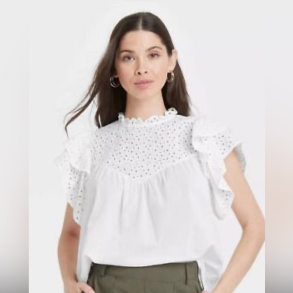 White Eyelet Flutter Sleeve Blouse